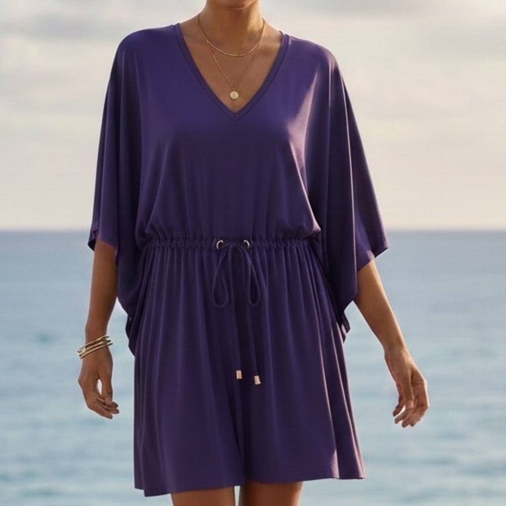 Calvin Klein Purple V Neck Drawstring Waist Kaftan Tunic Cover Up Dress Size 8